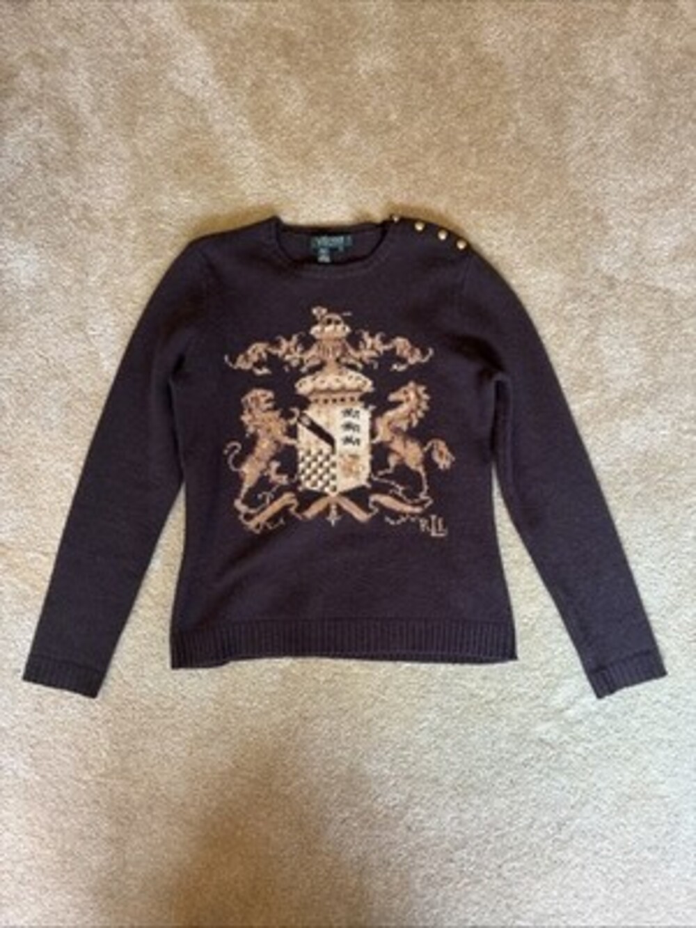 VTG Lauren Ralph Lauren Brown Lion Royal Crest Lambswool Pullover Sweater Sz PS